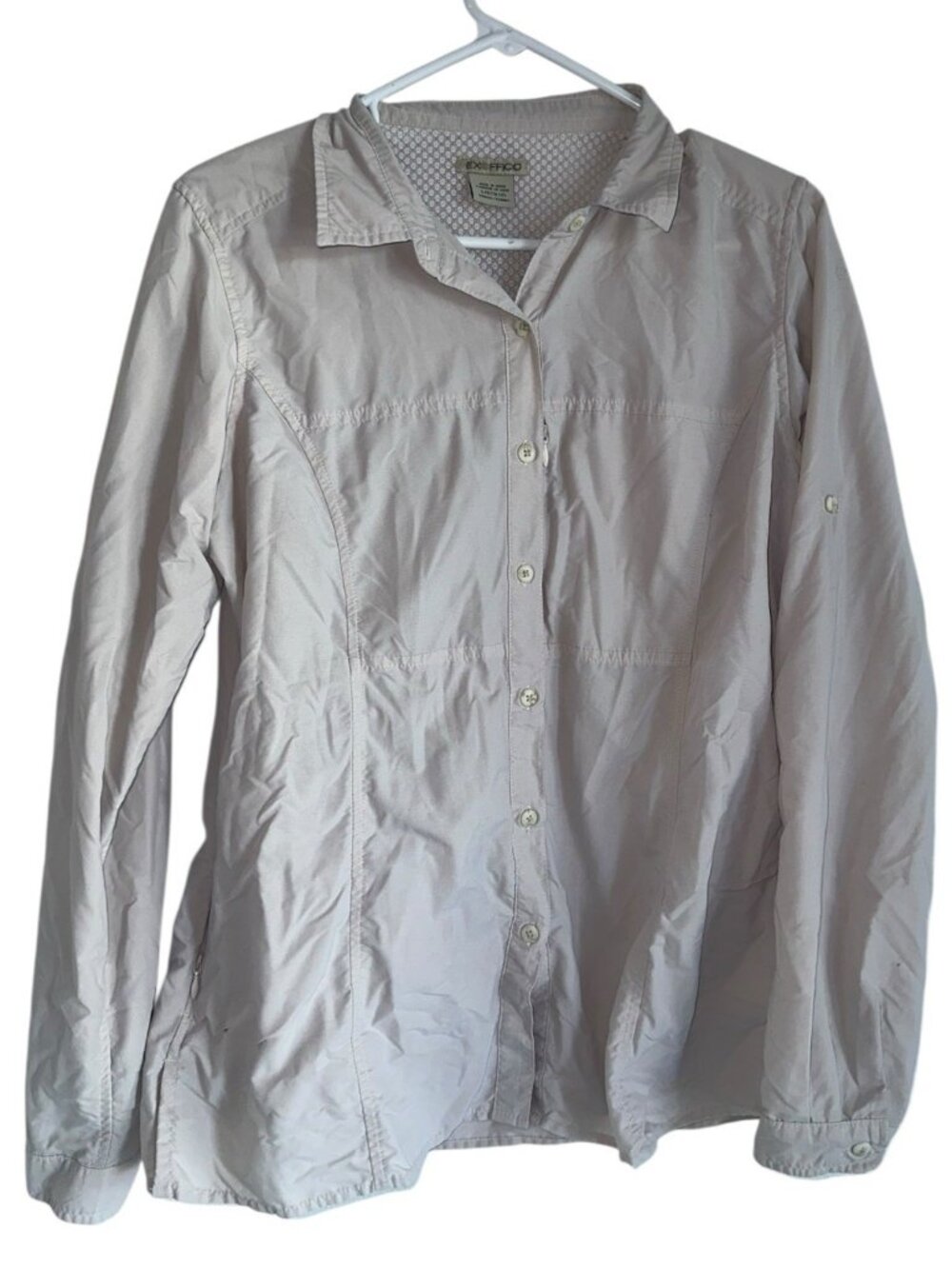 Exofficio Womens Roll Tab Sleeve Button Up Top Sz L Beige Nylon Vented Outdoors